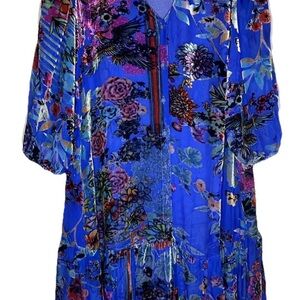 JOHNNY WAS Royal Blue Silk Ermyas Burnout Floral Long Sleeve Dress Boho Chic MED